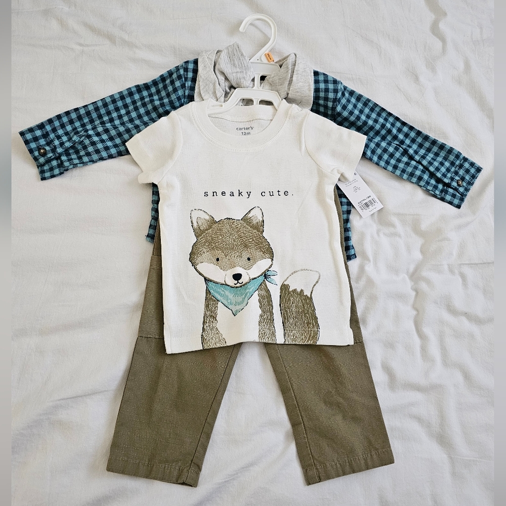Set of 3 Carter's 9 to 12 month short sleeve fox shirt a pant and jacket